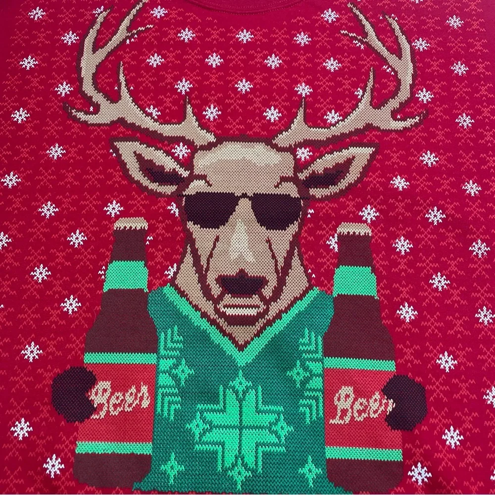 Gildan Red Holiday Reindeer Sweater Vest with Green and Brown Accents